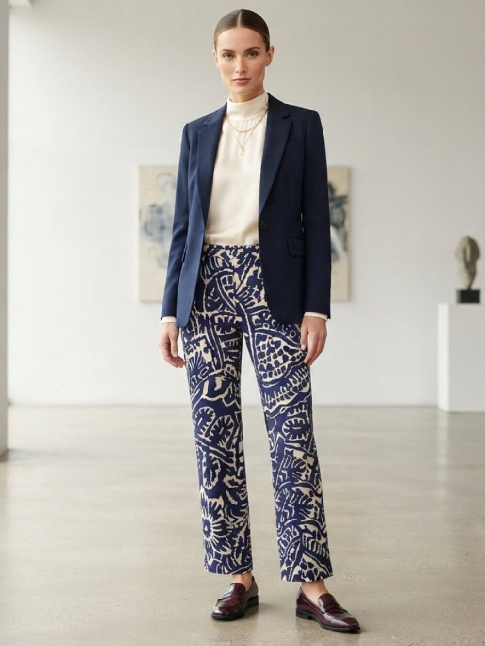 NIC+ZOE Navy & Cream Block Print Pull-On Straight Leg Pants Size M